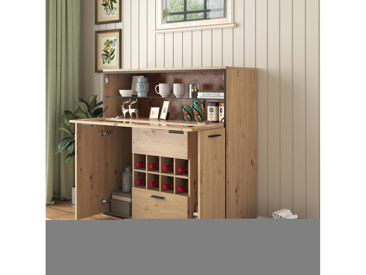 Aparador de cozinha com prateleira de vidro, prateleira de vidro e adega, 38x110x111cm, cor natural