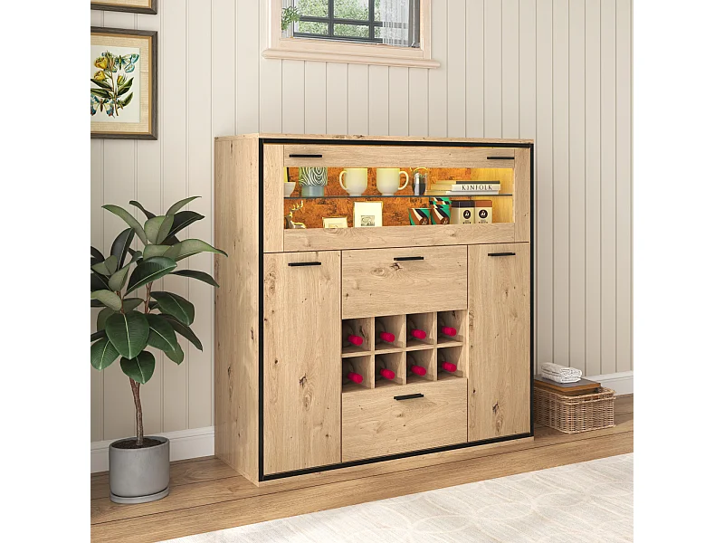 Aparador de cozinha com prateleira de vidro, prateleira de vidro e adega, 38x110x111cm, cor natural