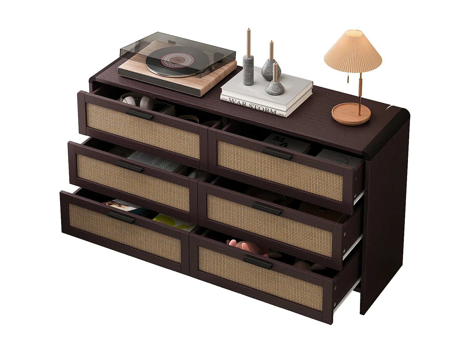 Boogvormige rotan opbergkast met 6 lades - voor woonkamer, keuken - Bruin