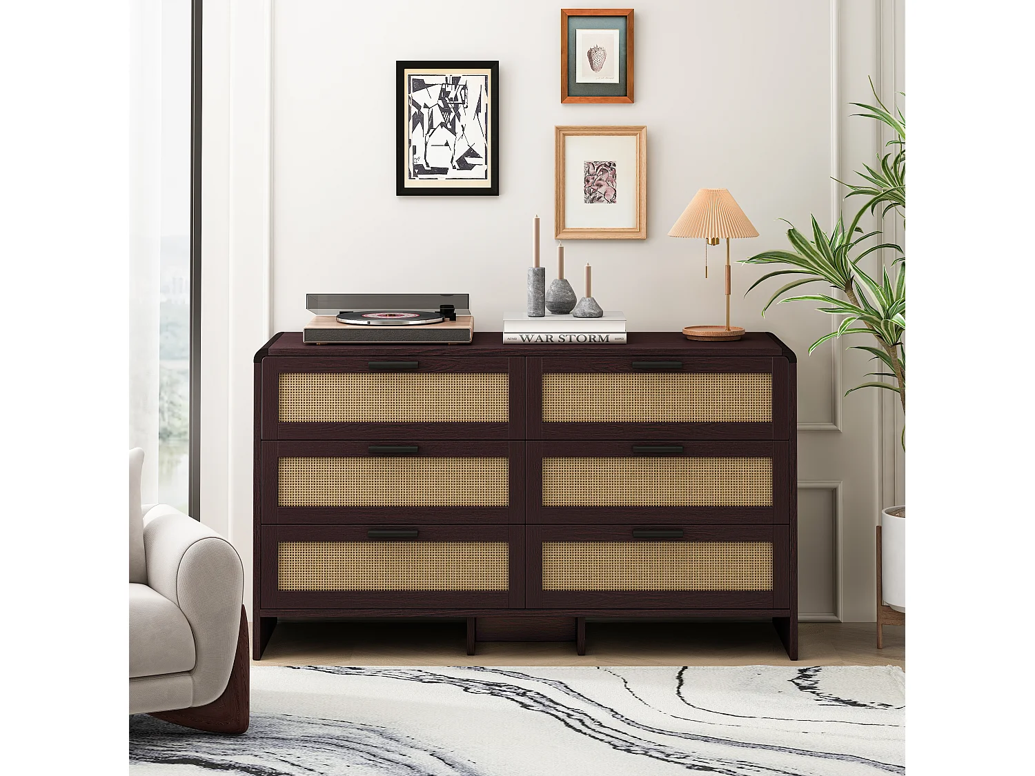 Meuble de rangement en rotin en forme d'arc avec 6 tiroirs - pour salon, cuisine - Marron