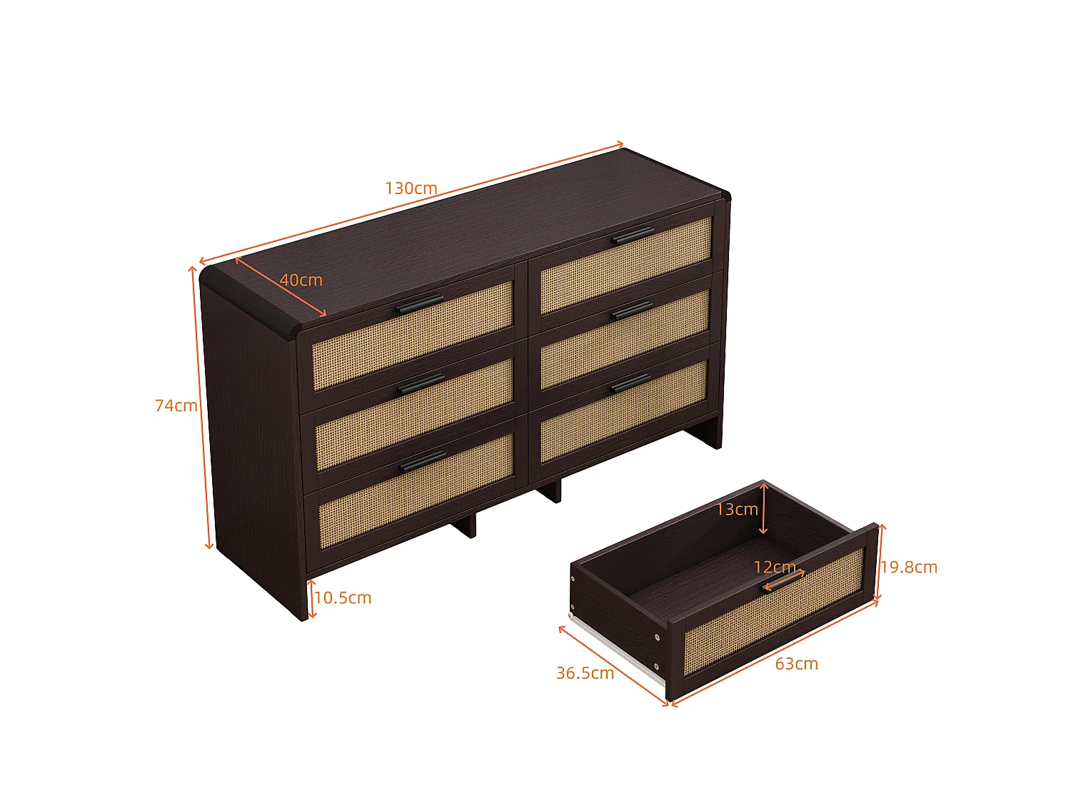 Meuble de rangement en rotin en forme d'arc avec 6 tiroirs - pour salon, cuisine - Marron
