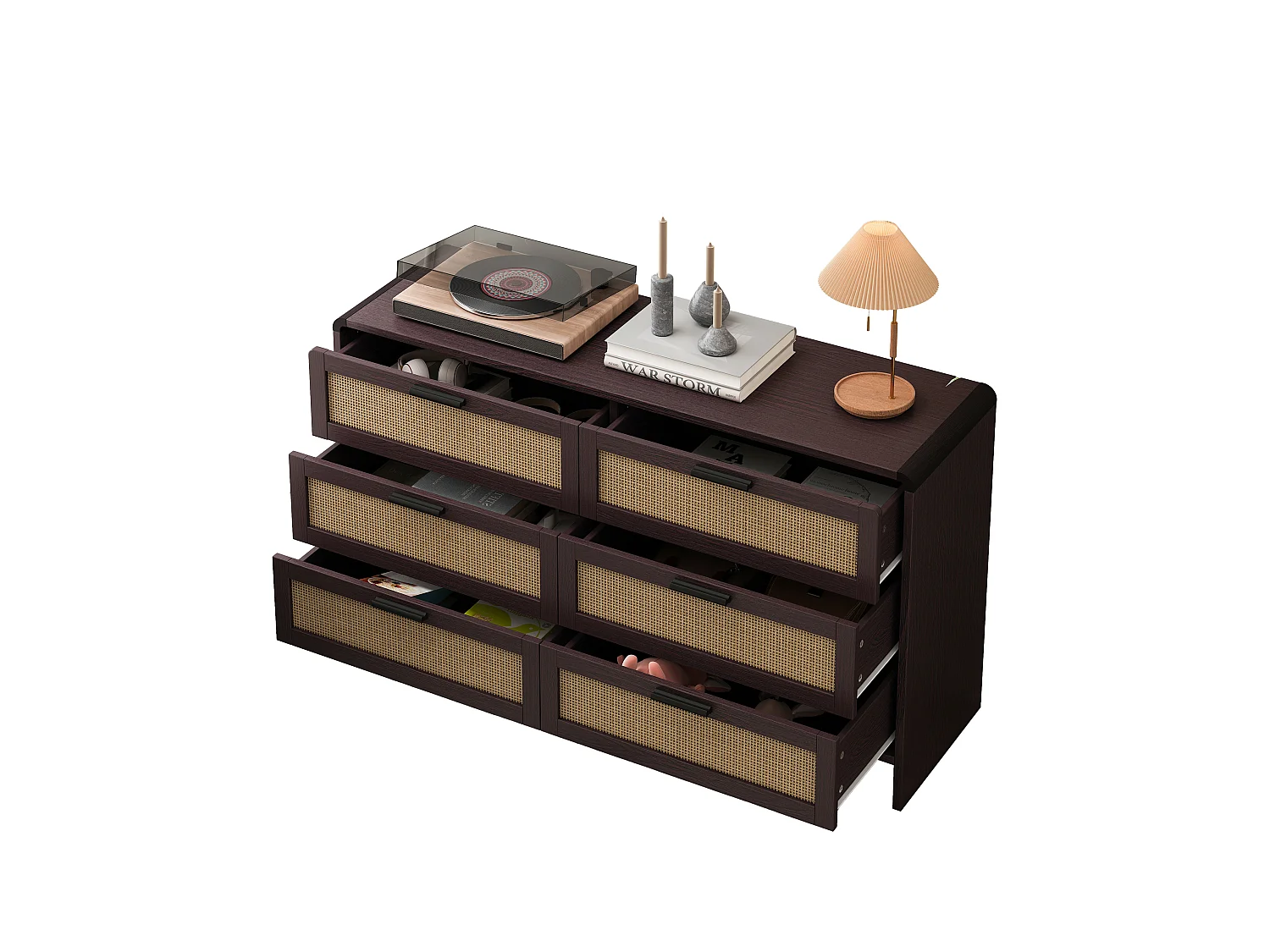 Meuble de rangement en rotin en forme d'arc avec 6 tiroirs - pour salon, cuisine - Marron