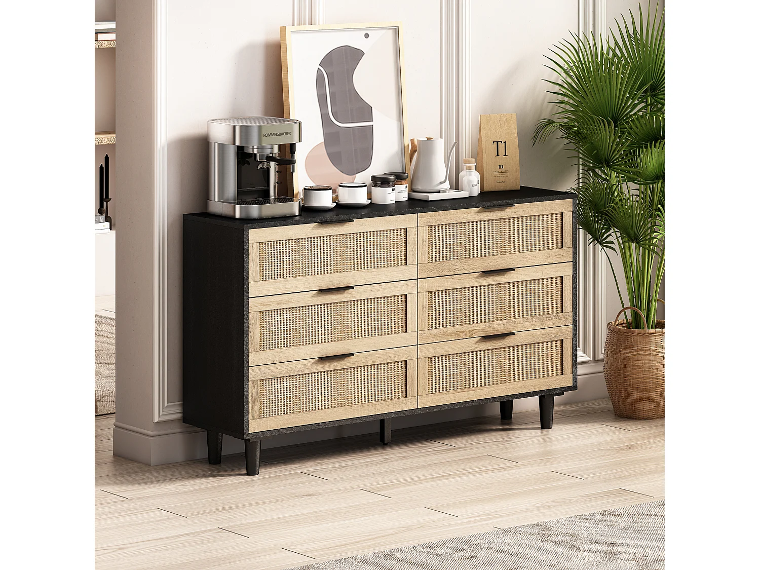 Buffet de rangement 130 x 40 x 75 cm avec tiroirs en rotin, couleur noir, pour salon ou chambre