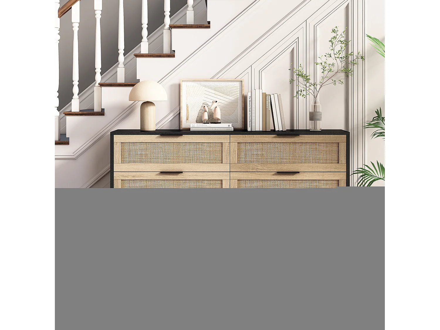 Buffet de rangement 130 x 40 x 75 cm avec tiroirs en rotin, couleur noir, pour salon ou chambre