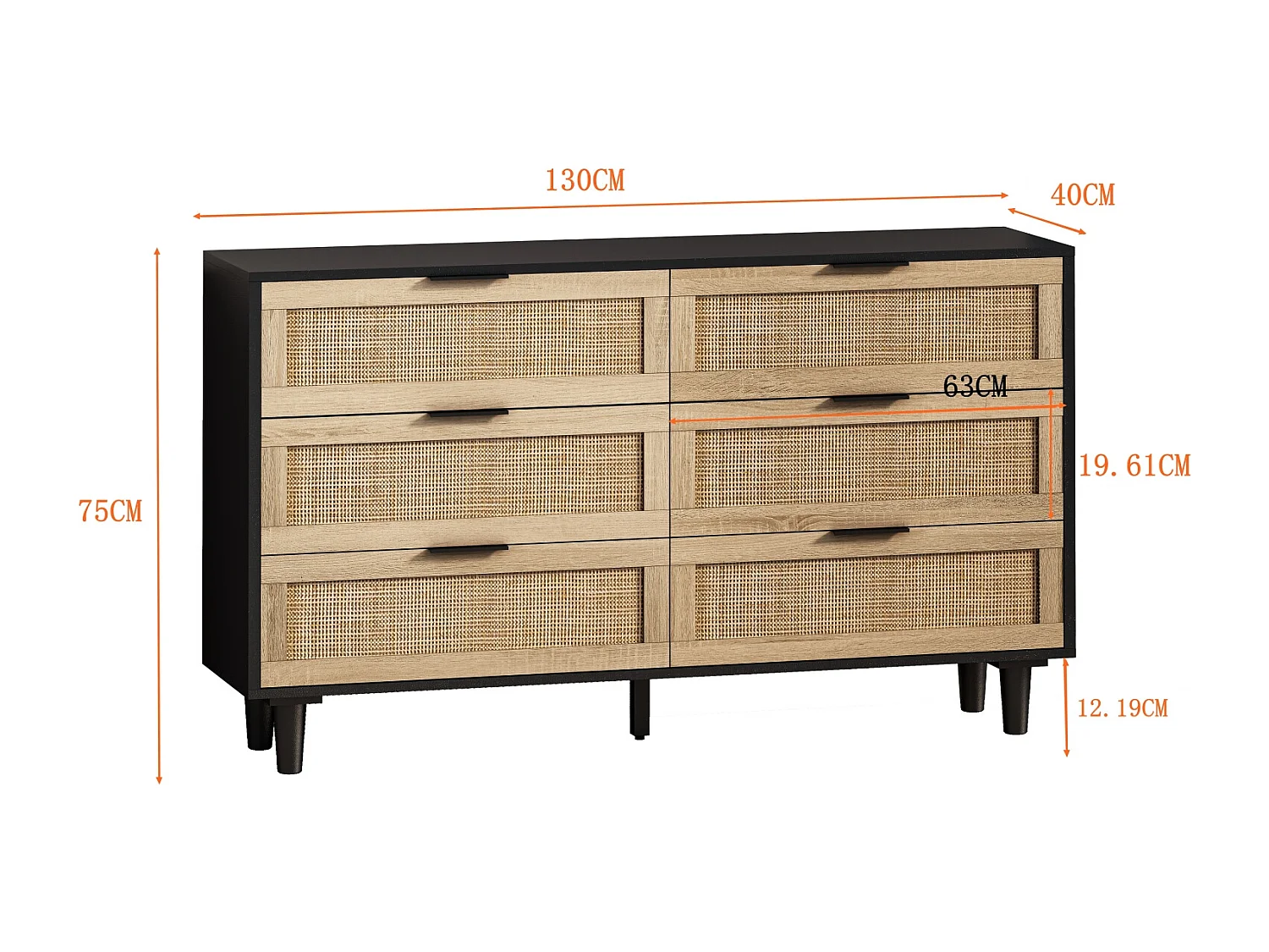Buffet de rangement 130 x 40 x 75 cm avec tiroirs en rotin, couleur noir, pour salon ou chambre