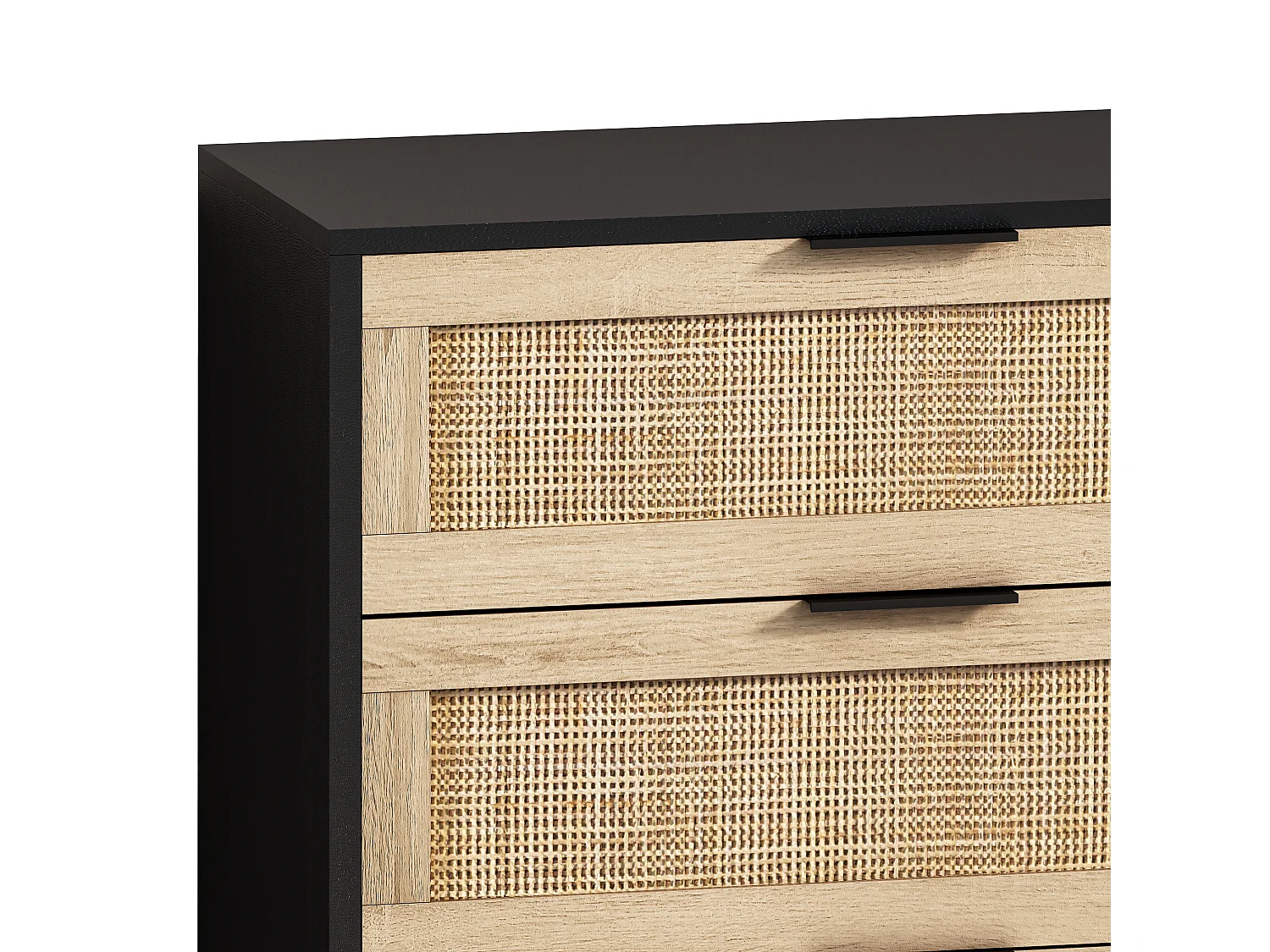 Buffet de rangement 130 x 40 x 75 cm avec tiroirs en rotin, couleur noir, pour salon ou chambre