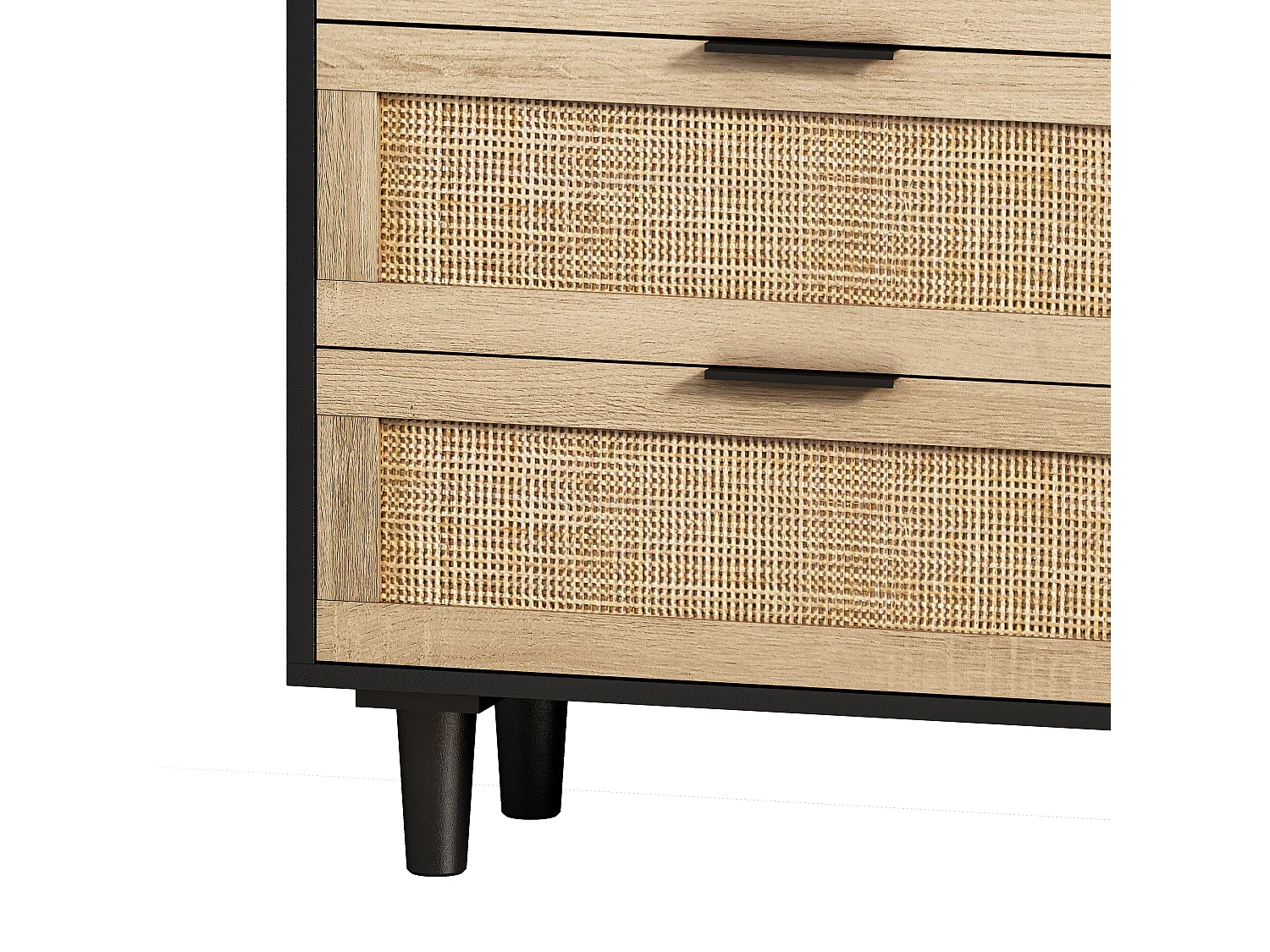 Buffet de rangement 130 x 40 x 75 cm avec tiroirs en rotin, couleur noir, pour salon ou chambre
