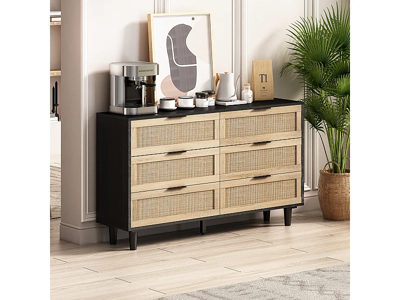 Buffet de rangement 130 x 40 x 75 cm avec tiroirs en rotin, couleur noir, pour salon ou chambre