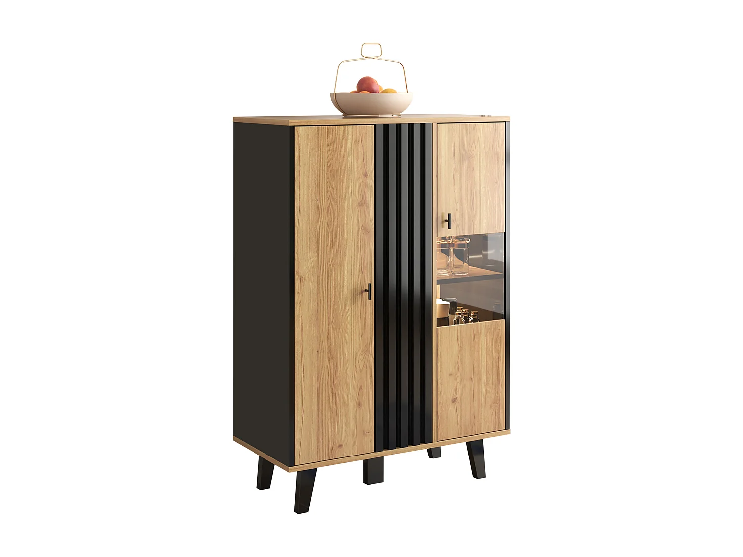 Aparador preto e madeira com compartimentos de arrumação, vitrine com portas de vidro e iluminação LED, para sala de estar, quarto.