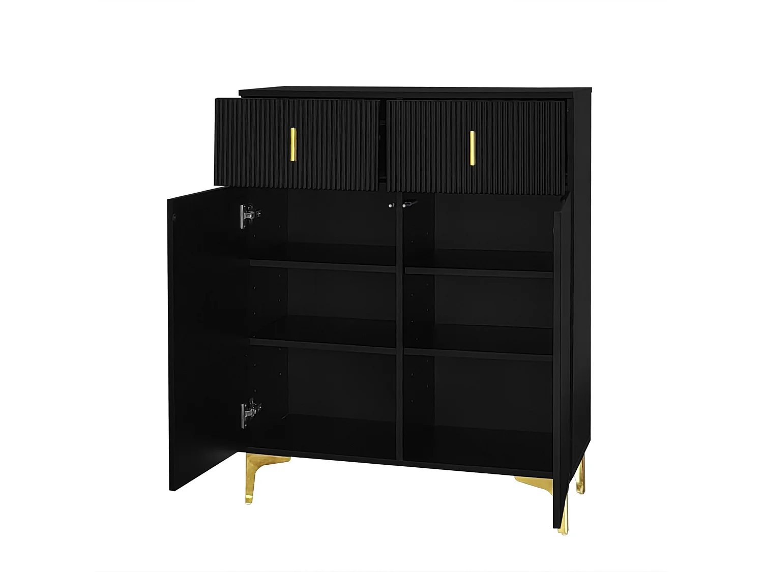 Dressoir met structuurpanelen, verstelbare planken en gouden versieringen, met zwarte lades
