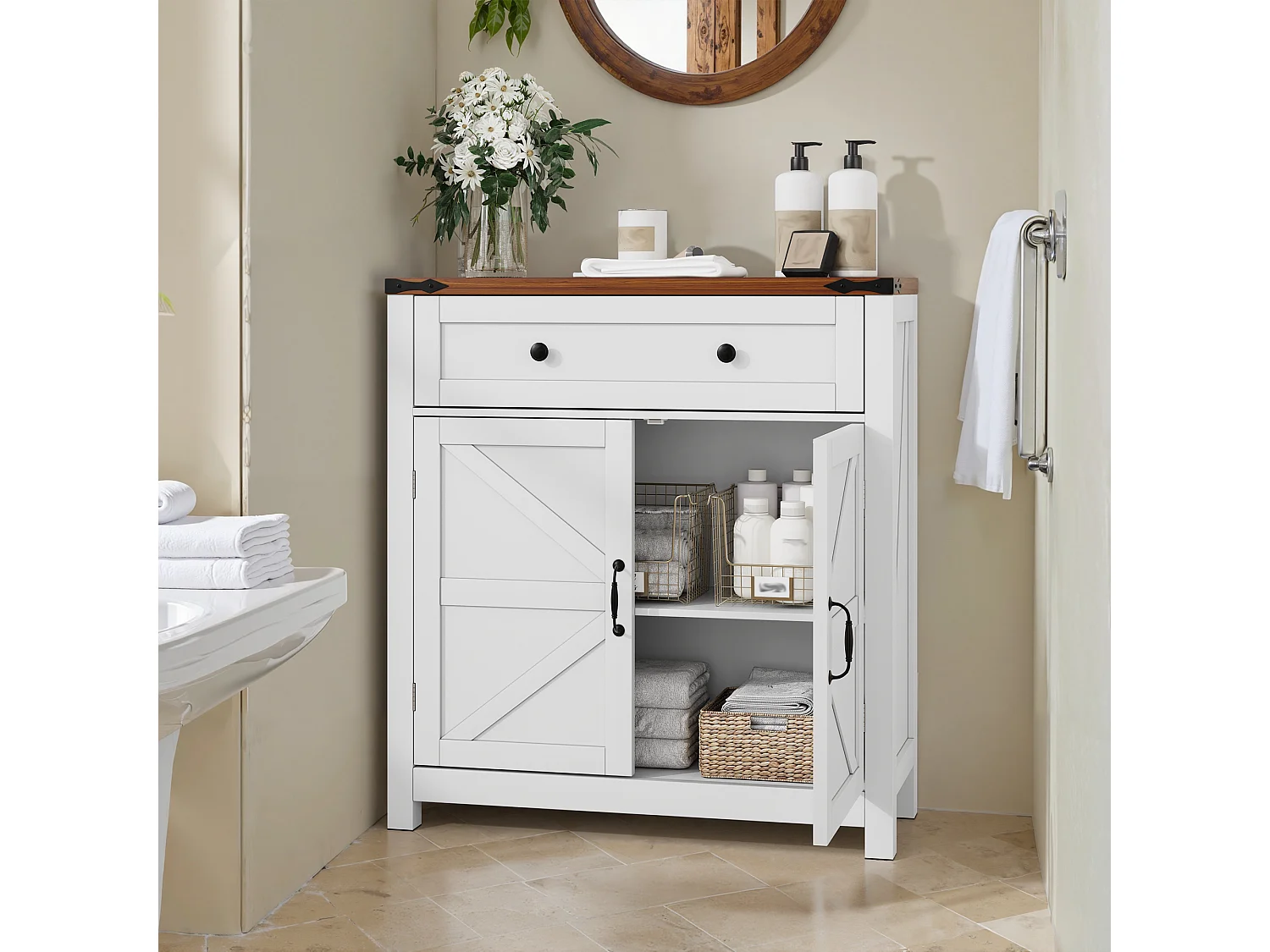 Credenza, Mobile contenitore con cassetto e ante, ripiano regolabile, per soggiorno, 40x80x80 cm, bianco