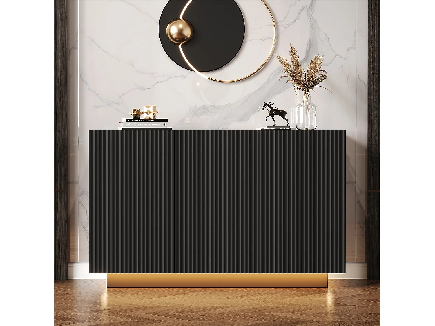 Buffet con illuminazione a LED - Mobile da cucina a 3 ante - Per sala da pranzo, soggiorno, Nero, 120 cm