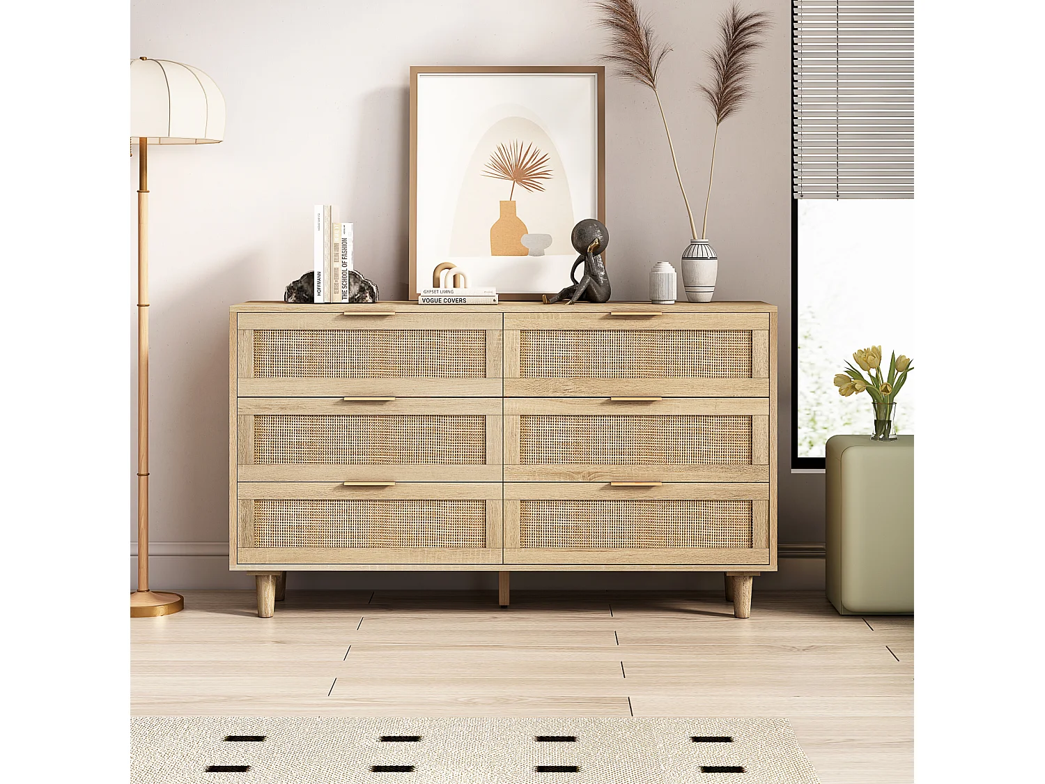 Credenza contenitore 130 x 40 x 75 cm con cassetti in rattan, colore naturale, per soggiorno o camera da letto