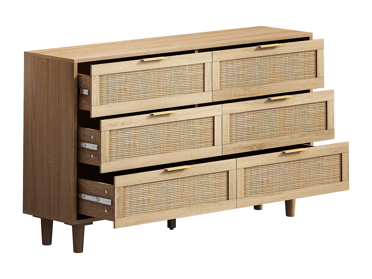 Credenza contenitore 130 x 40 x 75 cm con cassetti in rattan, colore naturale, per soggiorno o camera da letto