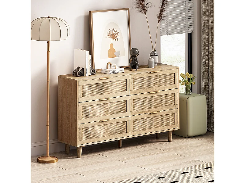 Credenza contenitore 130 x 40 x 75 cm con cassetti in rattan, colore naturale, per soggiorno o camera da letto