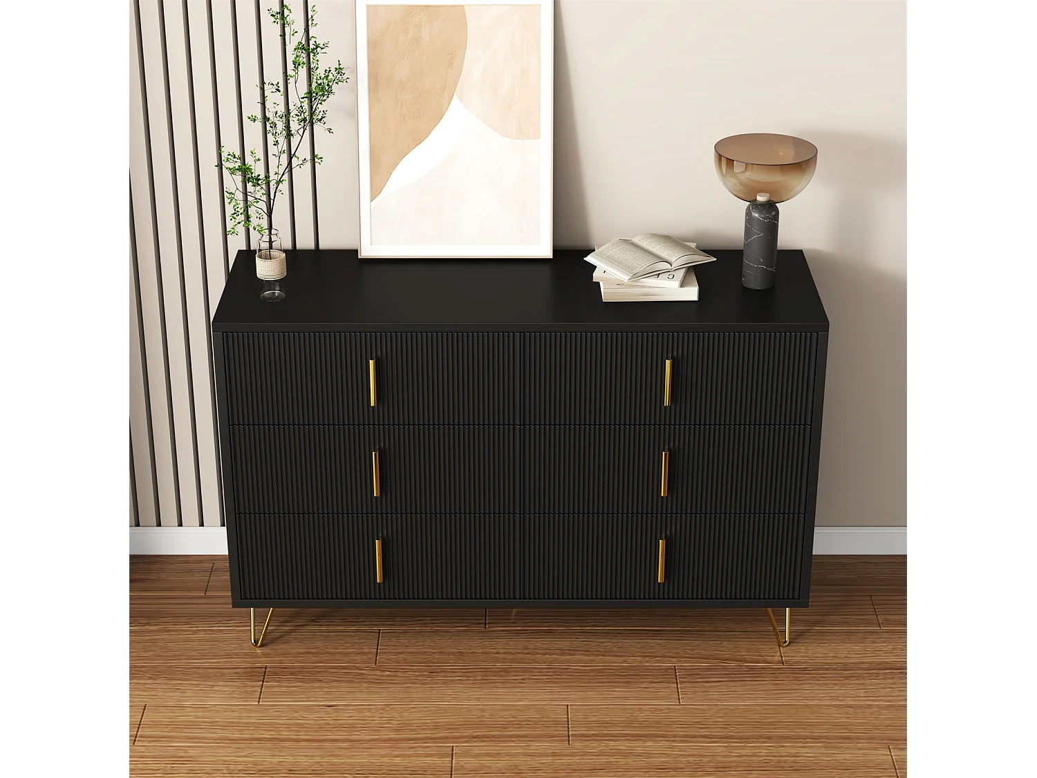 Buffet Commode noire avec 6 tiroirs, commode d'angle moderne, pour chambre à coucher, salon, bureau