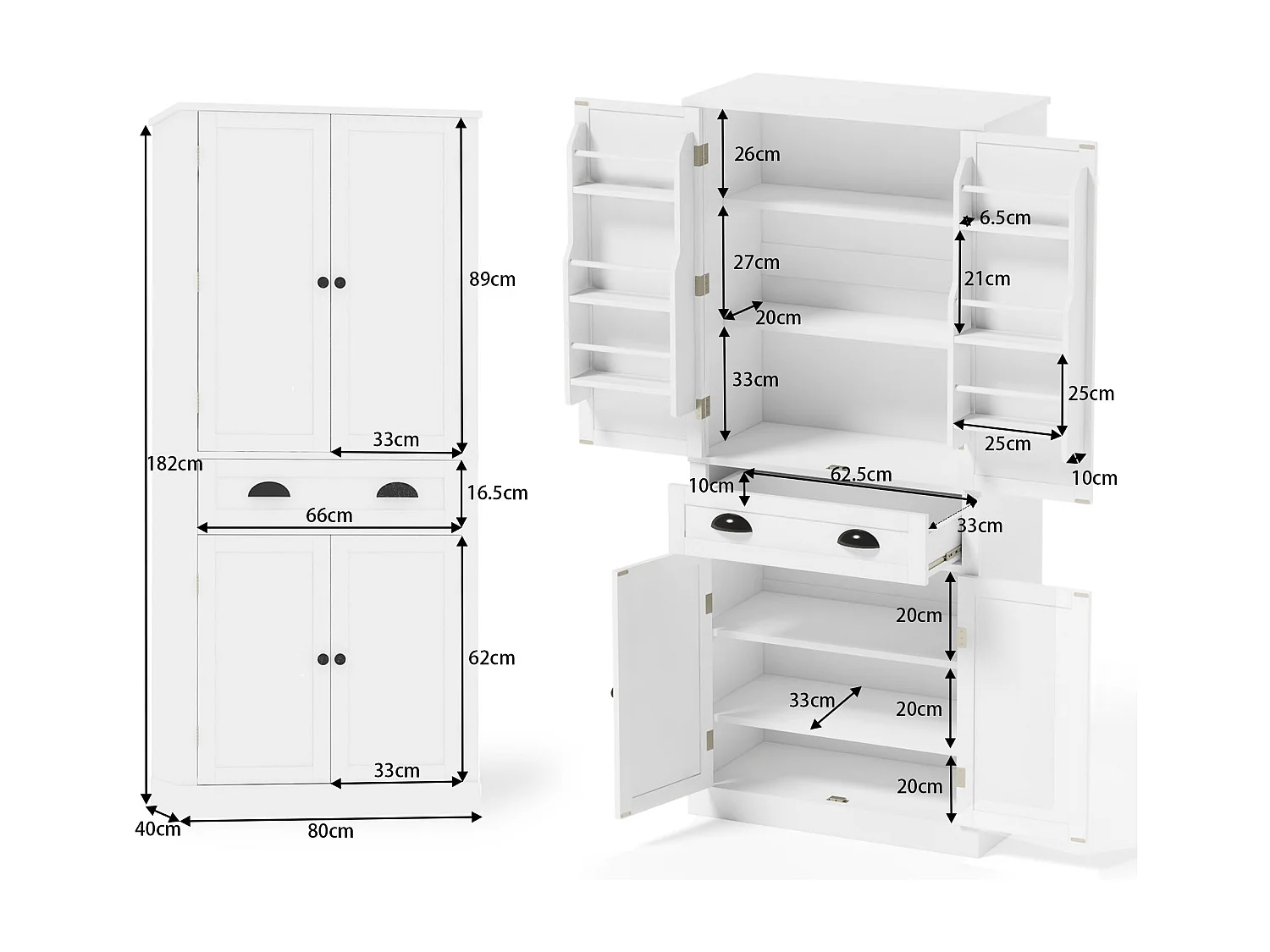 Aparador branco de 182 cm com 4 portas, 1 gaveta, 6 compartimentos e prateleiras ajustáveis.