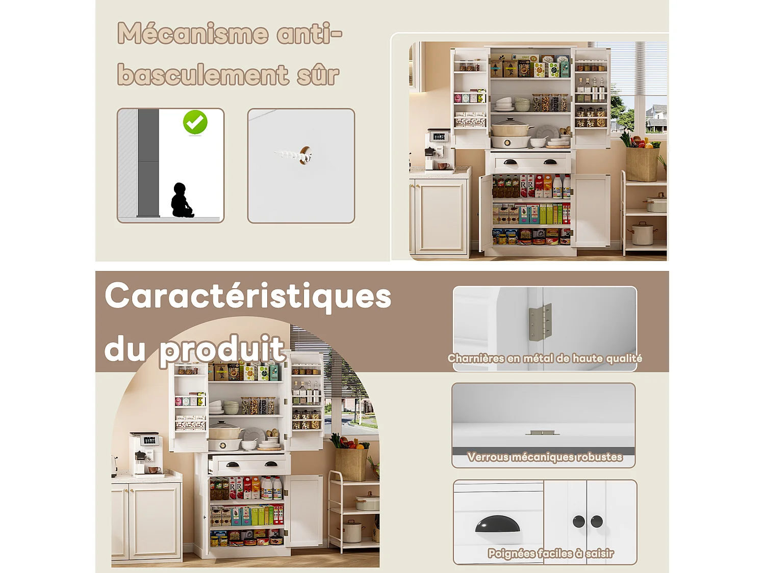 Aparador branco de 182 cm com 4 portas, 1 gaveta, 6 compartimentos e prateleiras ajustáveis.