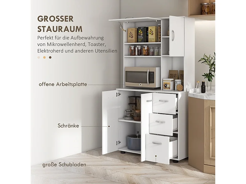 Aparador de cozinha com 3 gavetas e 3 prateleiras, amplo espaço de armazenamento, 89x39,5x168 cm, branco