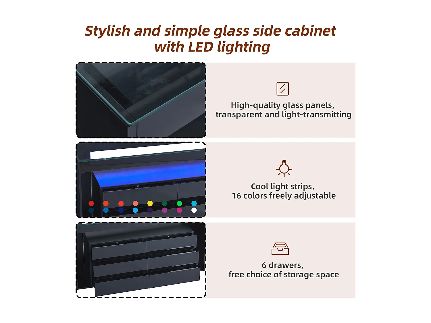 Aparador de 6 cajones con iluminación LED y tapa de cristal templado para salón o comedor, negro