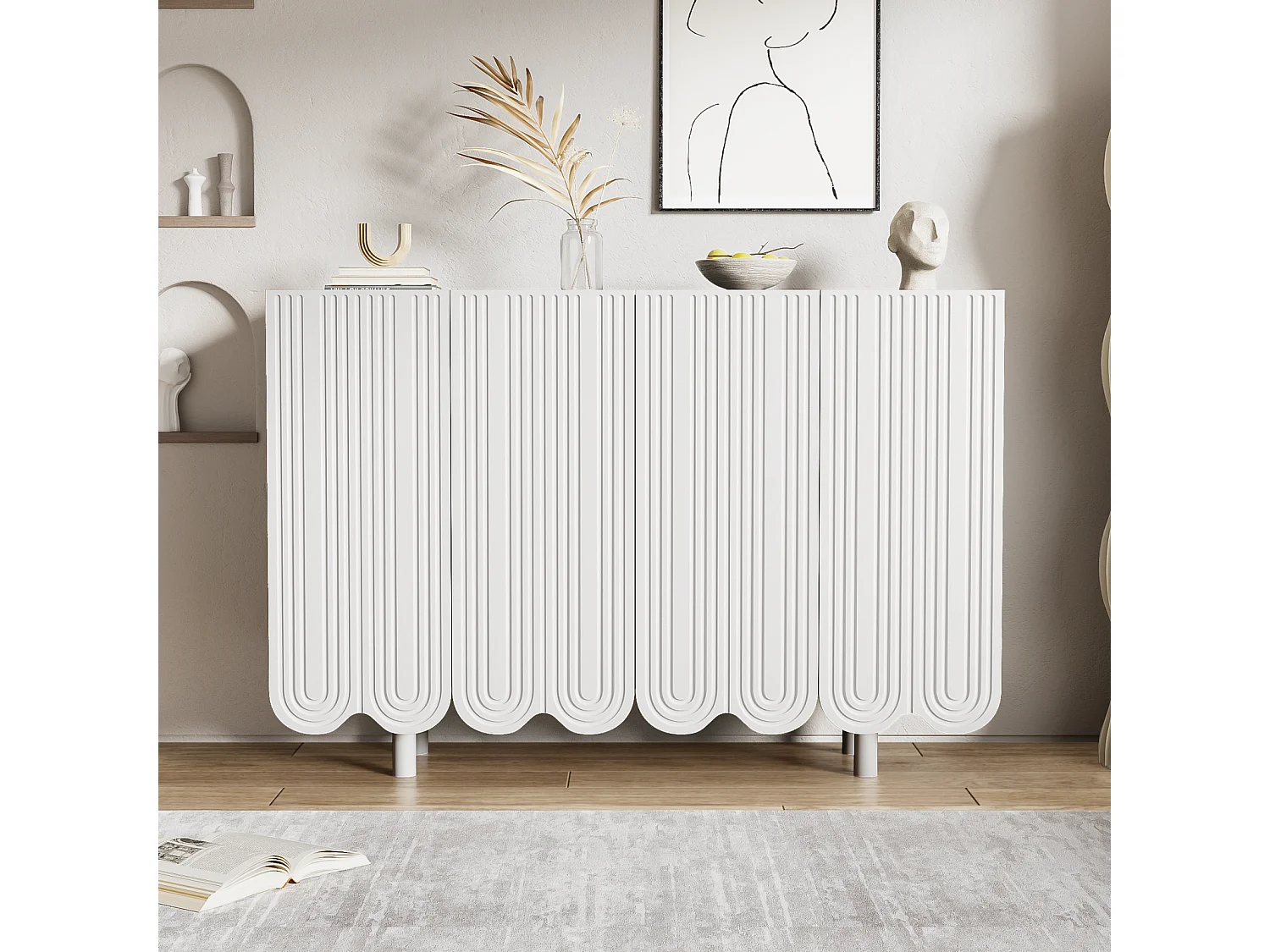 Aparador de madeira com quatro portas e duas prateleiras, design sem puxadores, 120x37x80 cm, para sala de estar ou quarto, branco.