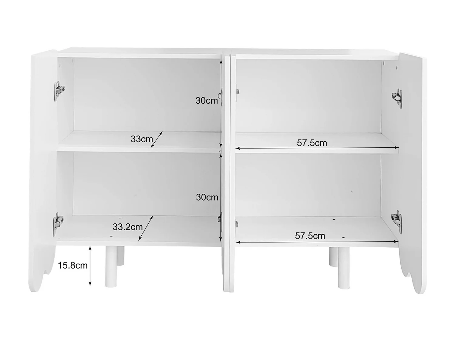 Aparador de madeira com quatro portas e duas prateleiras, design sem puxadores, 120x37x80 cm, para sala de estar ou quarto, branco.