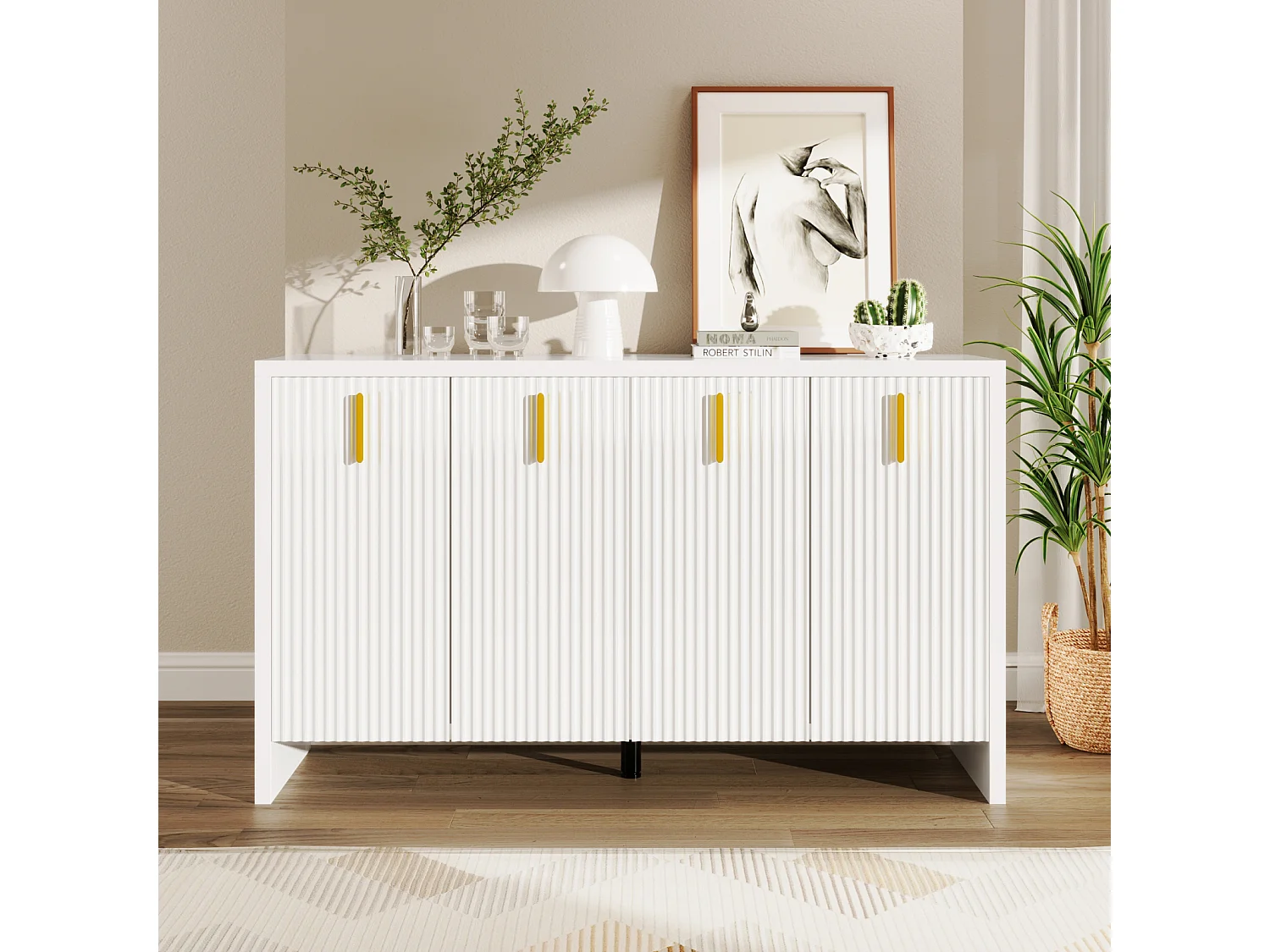 Aparador com 4 portas e prateleiras ajustáveis, 140x38x80 cm, Armário de madeira, Para hall de entrada, sala de estar, Branco