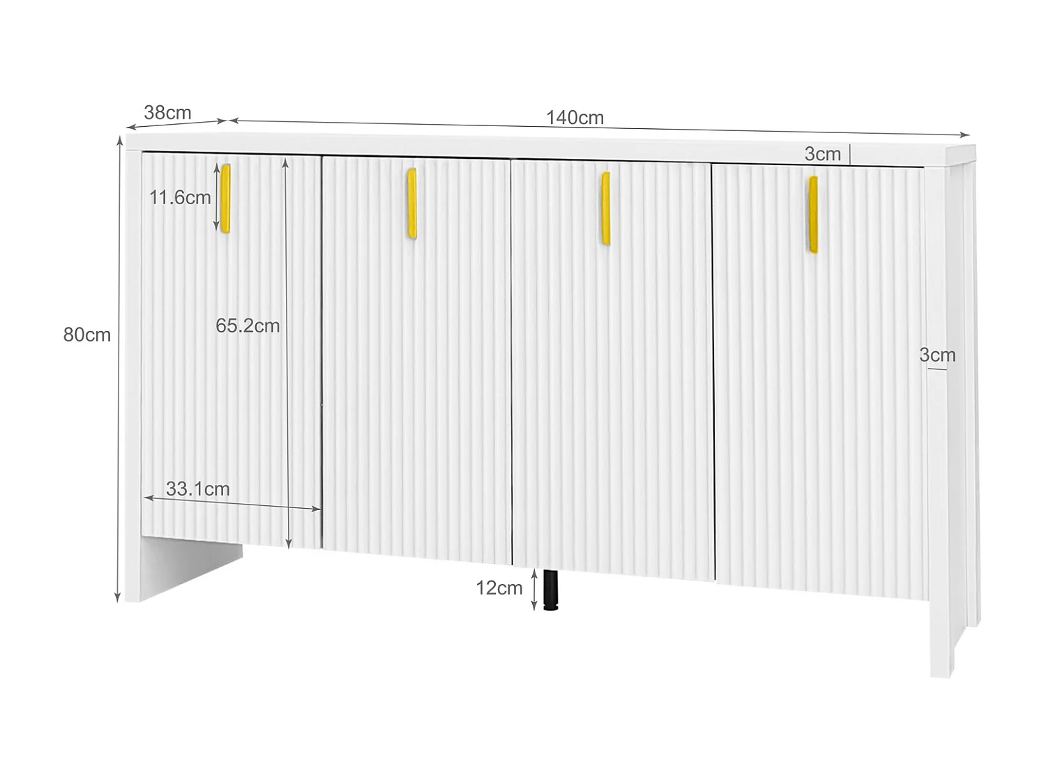 Aparador com 4 portas e prateleiras ajustáveis, 140x38x80 cm, Armário de madeira, Para hall de entrada, sala de estar, Branco