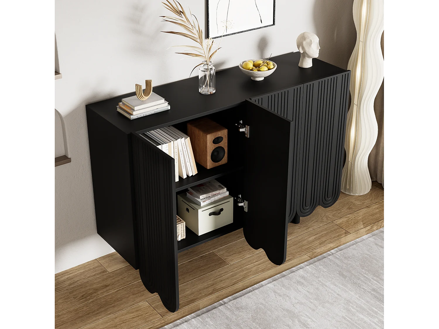 Buffet 4 portes en bois, 2 étagères, design sans poignée, 120x37x80 cm, pour salon ou chambre,noir