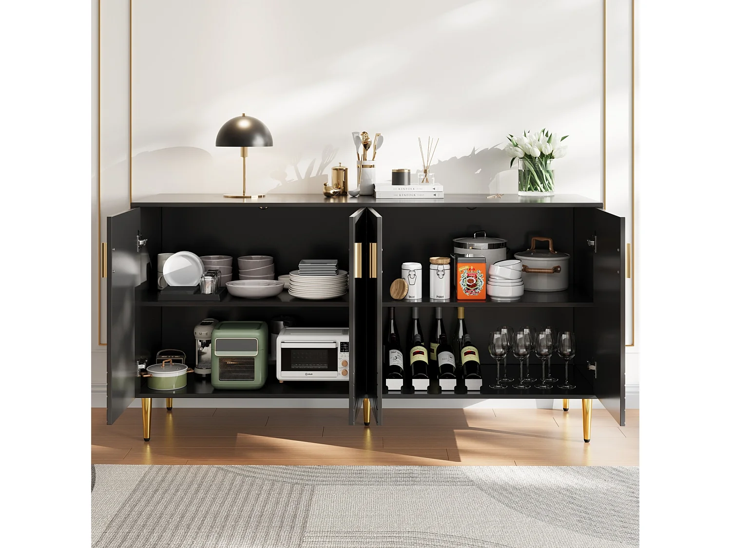 Buffet noir 152 x 40 x 75cm avec motif ondulé unique et poignées et pieds dorés, pour salle à manger