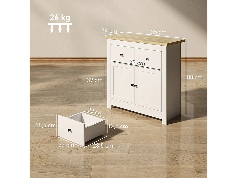 Aparador HOMCOM 79×35×80 cm branco, 2 gavetas, 2 portas com fecho suave, prateleira ajustável, moderno