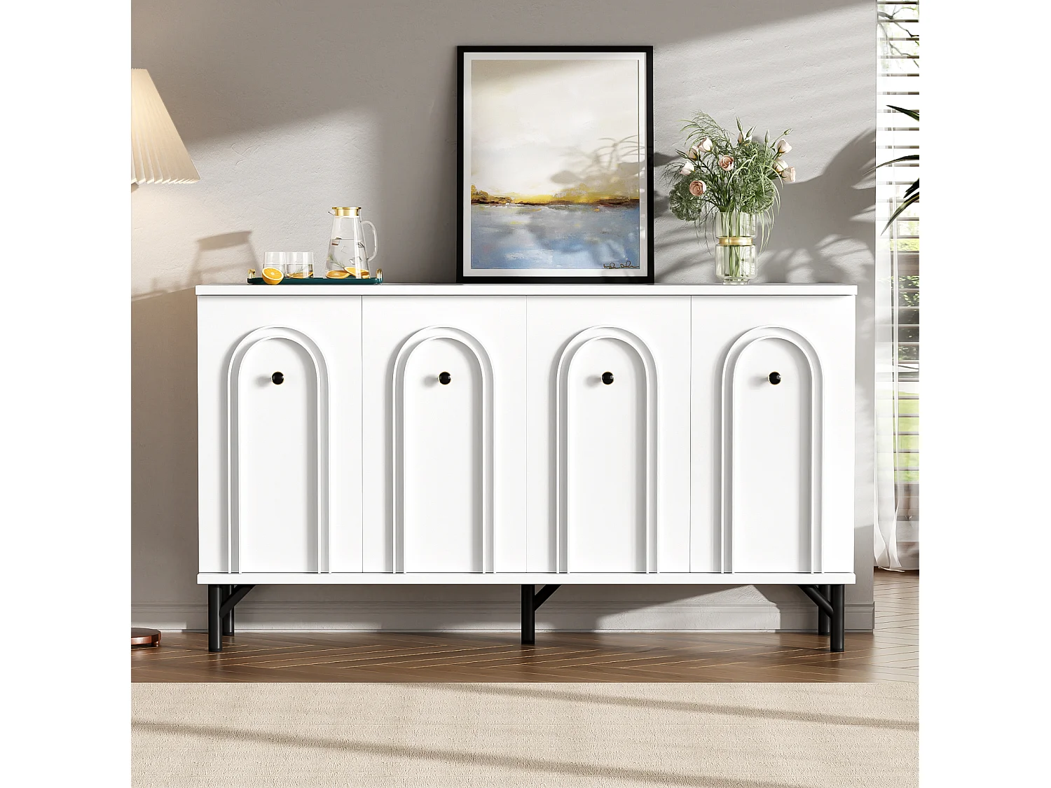 Aparador moderno com 4 portas, frente curva 3D, prateleiras ajustáveis, para sala de estar, 140x34x78cm, branco