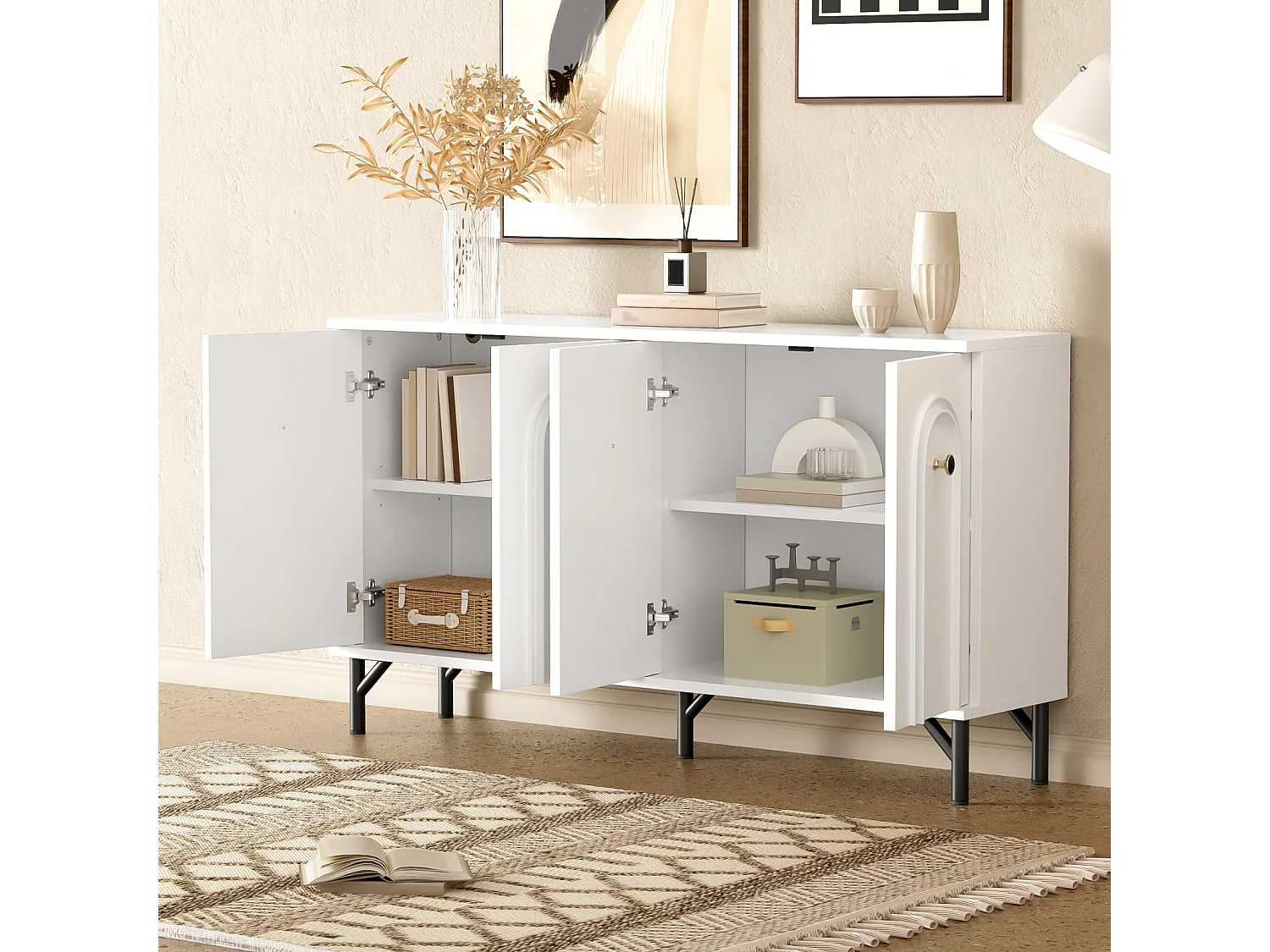 Aparador moderno com 4 portas, frente curva 3D, prateleiras ajustáveis, para sala de estar, 140x34x78cm, branco