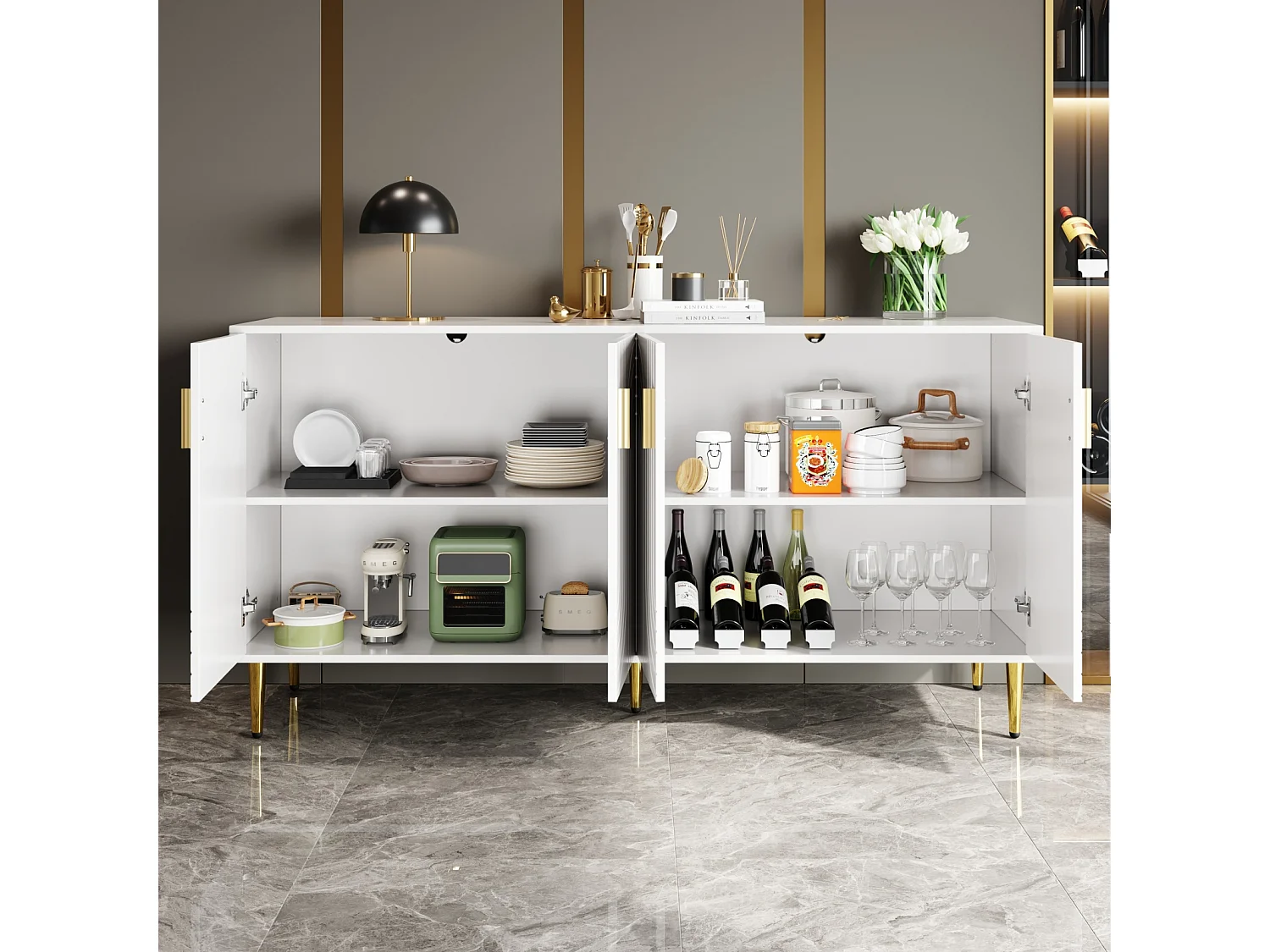 Buffet Blanc 152 x 40 x 75cm avec motif ondulé unique et poignées et pieds dorés,pour salle à manger