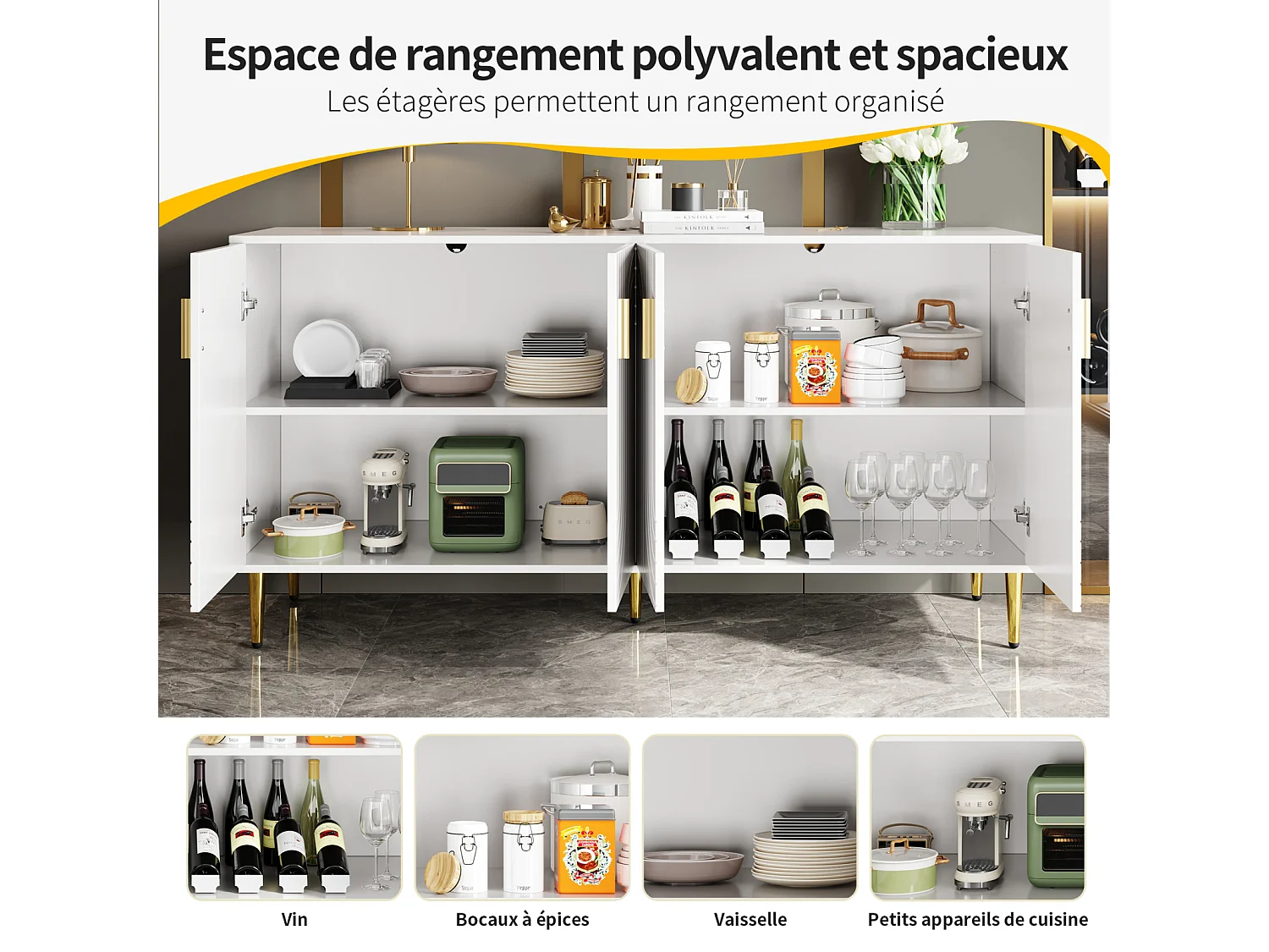 Buffet Blanc 152 x 40 x 75cm avec motif ondulé unique et poignées et pieds dorés,pour salle à manger