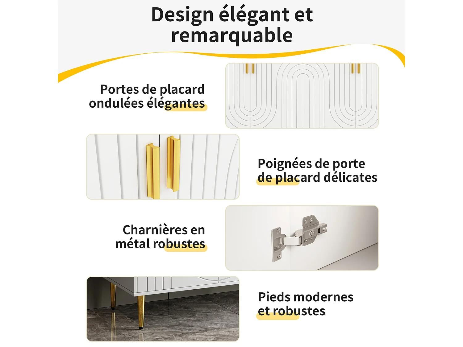 Buffet Blanc 152 x 40 x 75cm avec motif ondulé unique et poignées et pieds dorés,pour salle à manger
