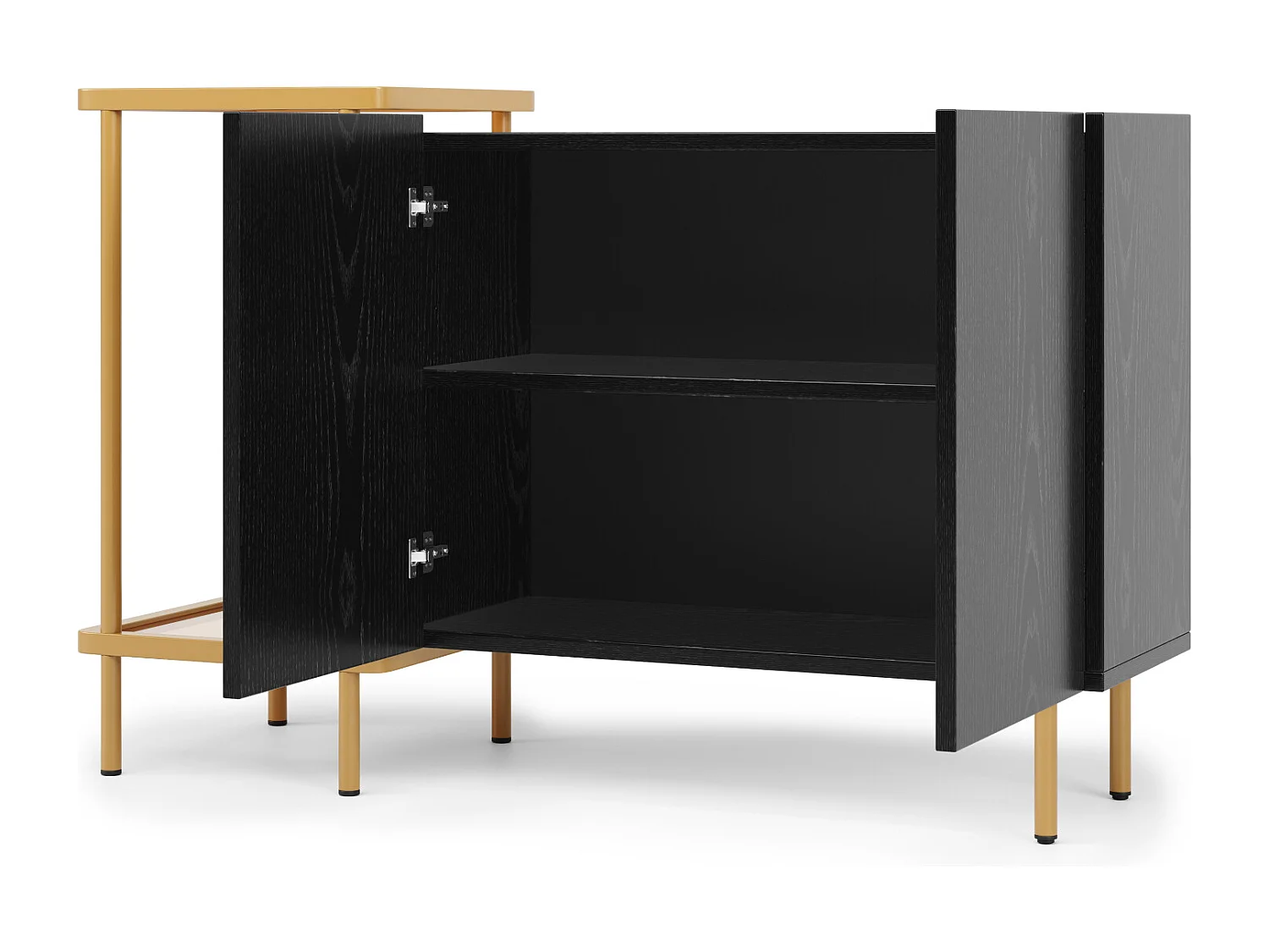 Dressoir met 2 deuren en 2 open vakken, salontafel van metaal/glas, zwart, 120 x 40 x 77,5 cm