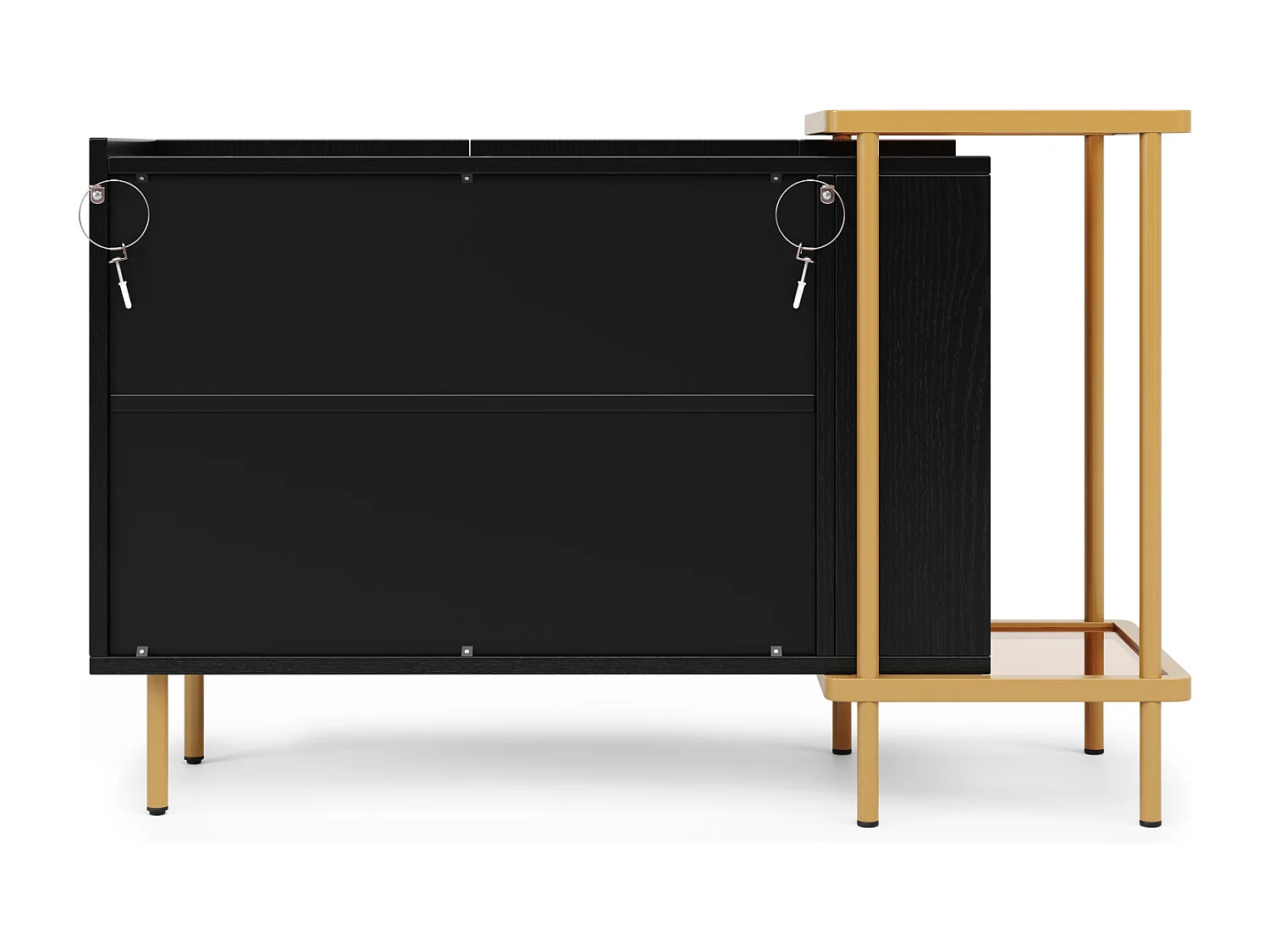 Dressoir met 2 deuren en 2 open vakken, salontafel van metaal/glas, zwart, 120 x 40 x 77,5 cm