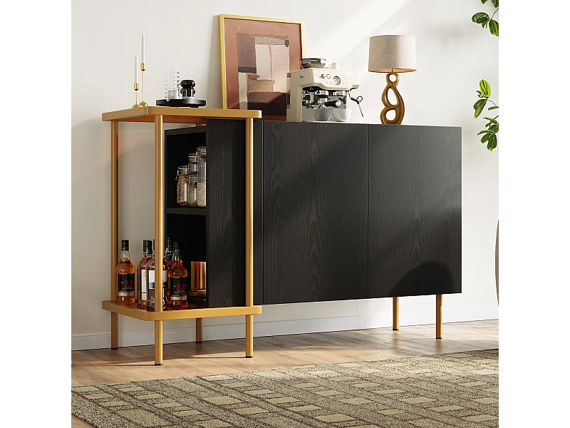 Dressoir met 2 deuren en 2 open vakken, salontafel van metaal/glas, zwart, 120 x 40 x 77,5 cm