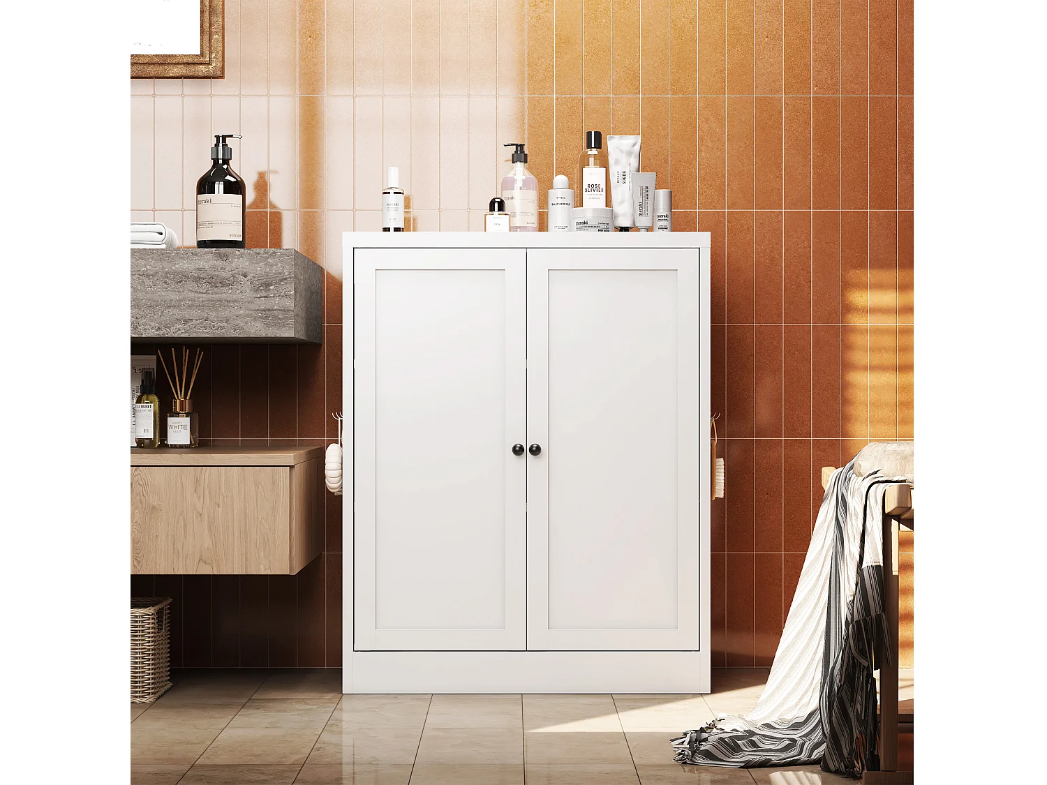 Aparador de metal branco de 88 cm com prateleiras ajustáveis, móvel de armazenamento independente, para cozinha e sala de estar.