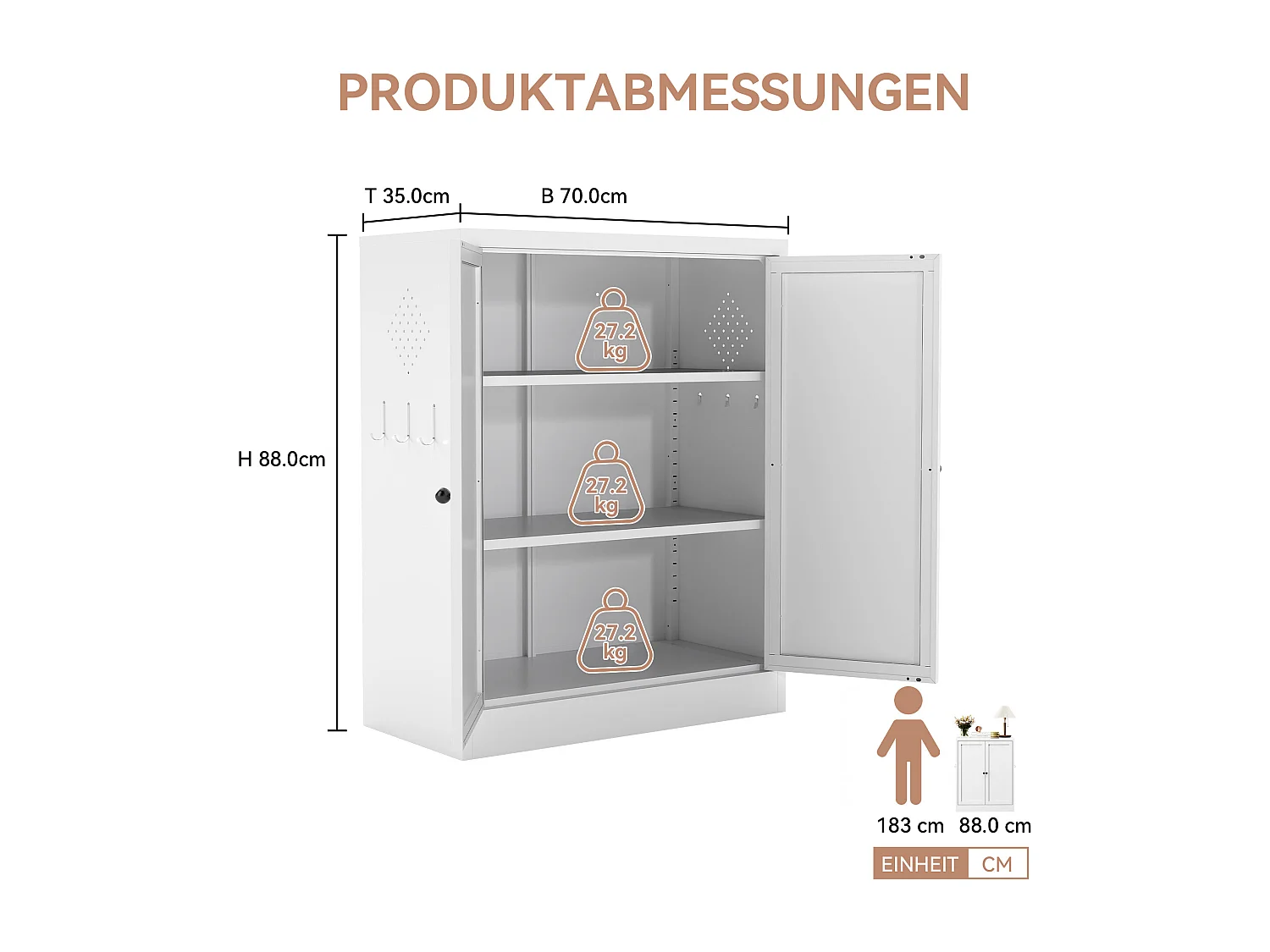 Aparador de metal branco de 88 cm com prateleiras ajustáveis, móvel de armazenamento independente, para cozinha e sala de estar.