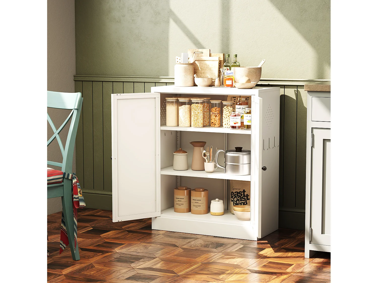 Aparador de metal branco de 88 cm com prateleiras ajustáveis, móvel de armazenamento independente, para cozinha e sala de estar.