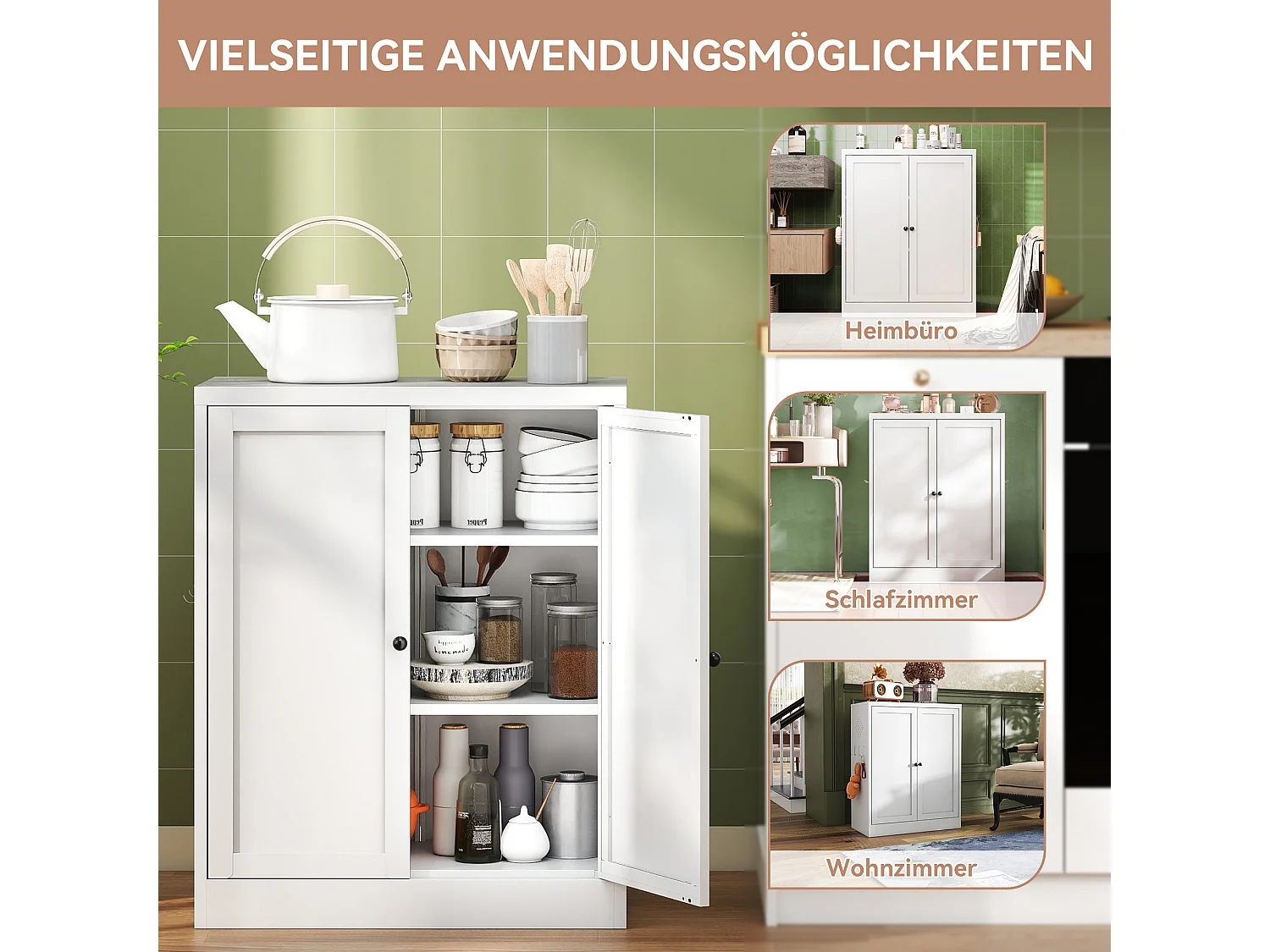 Aparador de metal branco de 88 cm com prateleiras ajustáveis, móvel de armazenamento independente, para cozinha e sala de estar.