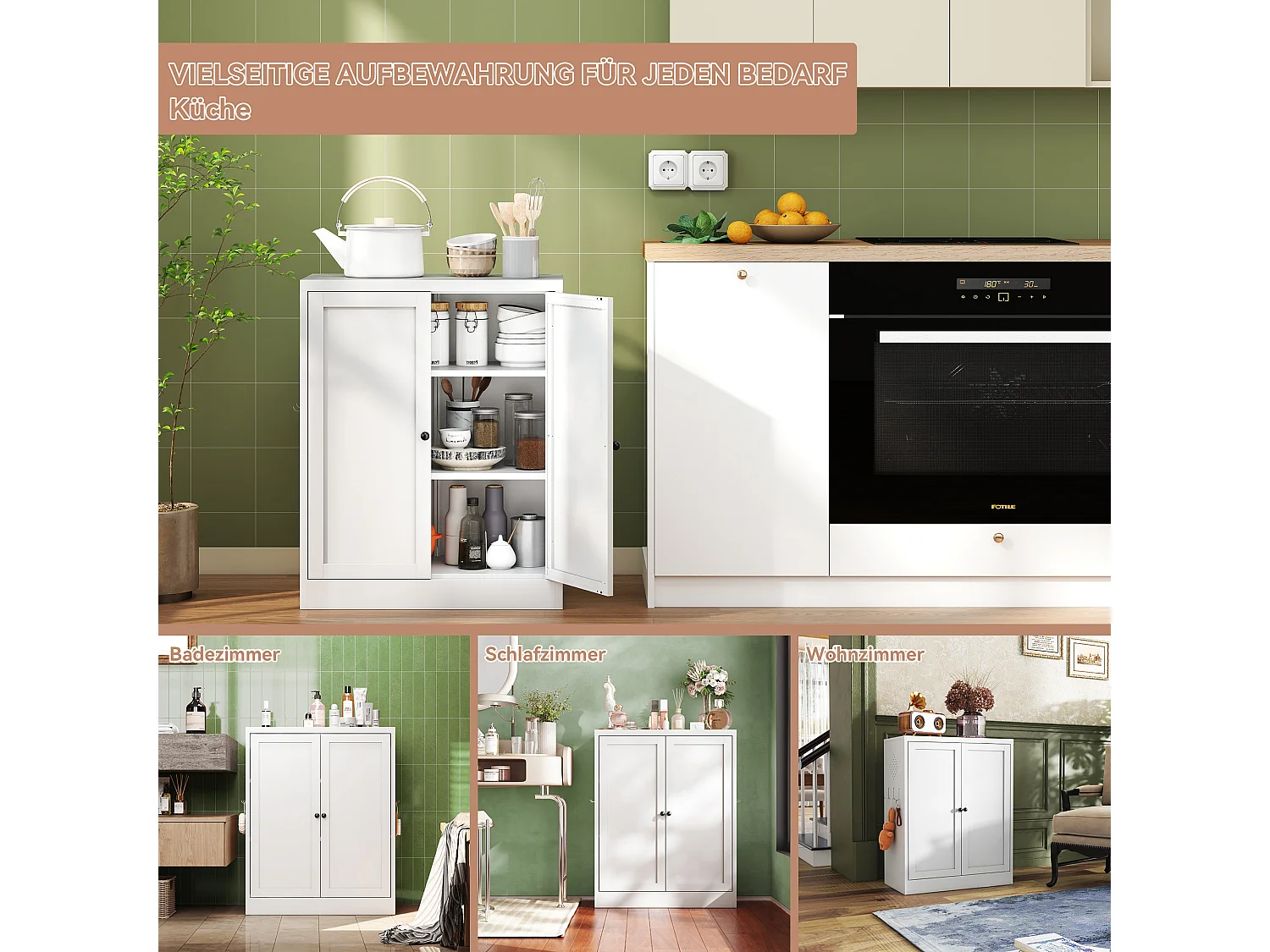 Aparador de metal branco de 88 cm com prateleiras ajustáveis, móvel de armazenamento independente, para cozinha e sala de estar.