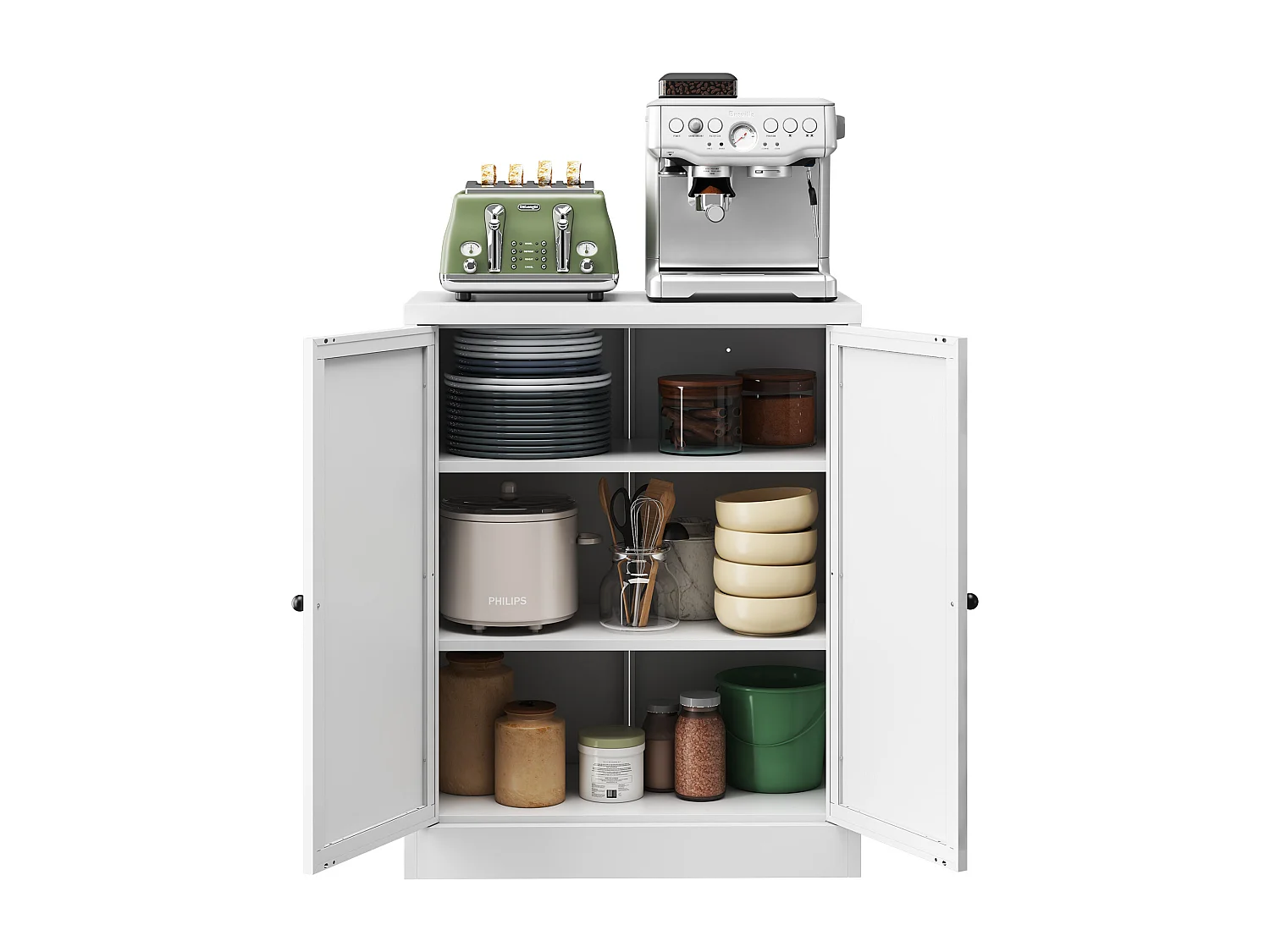 Aparador de metal branco de 88 cm com prateleiras ajustáveis, móvel de armazenamento independente, para cozinha e sala de estar.