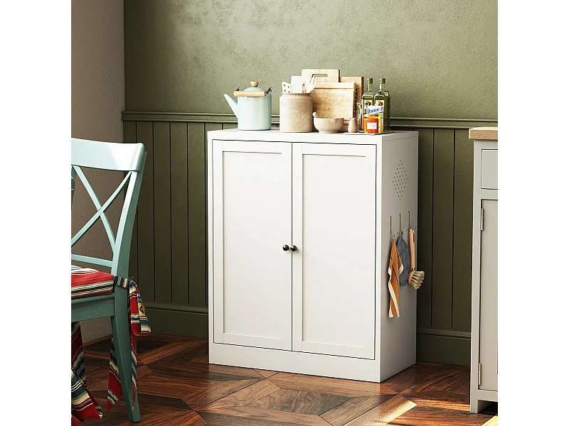 Aparador de metal branco de 88 cm com prateleiras ajustáveis, móvel de armazenamento independente, para cozinha e sala de estar.