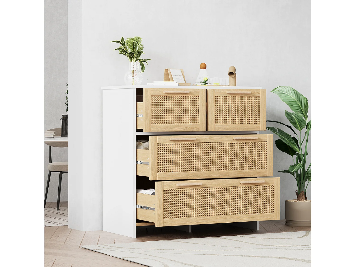Aparador em rattan - 80 x 80 x 38 cm - com 4 gavetas - versátil para sala de estar, sala de jantar, branco