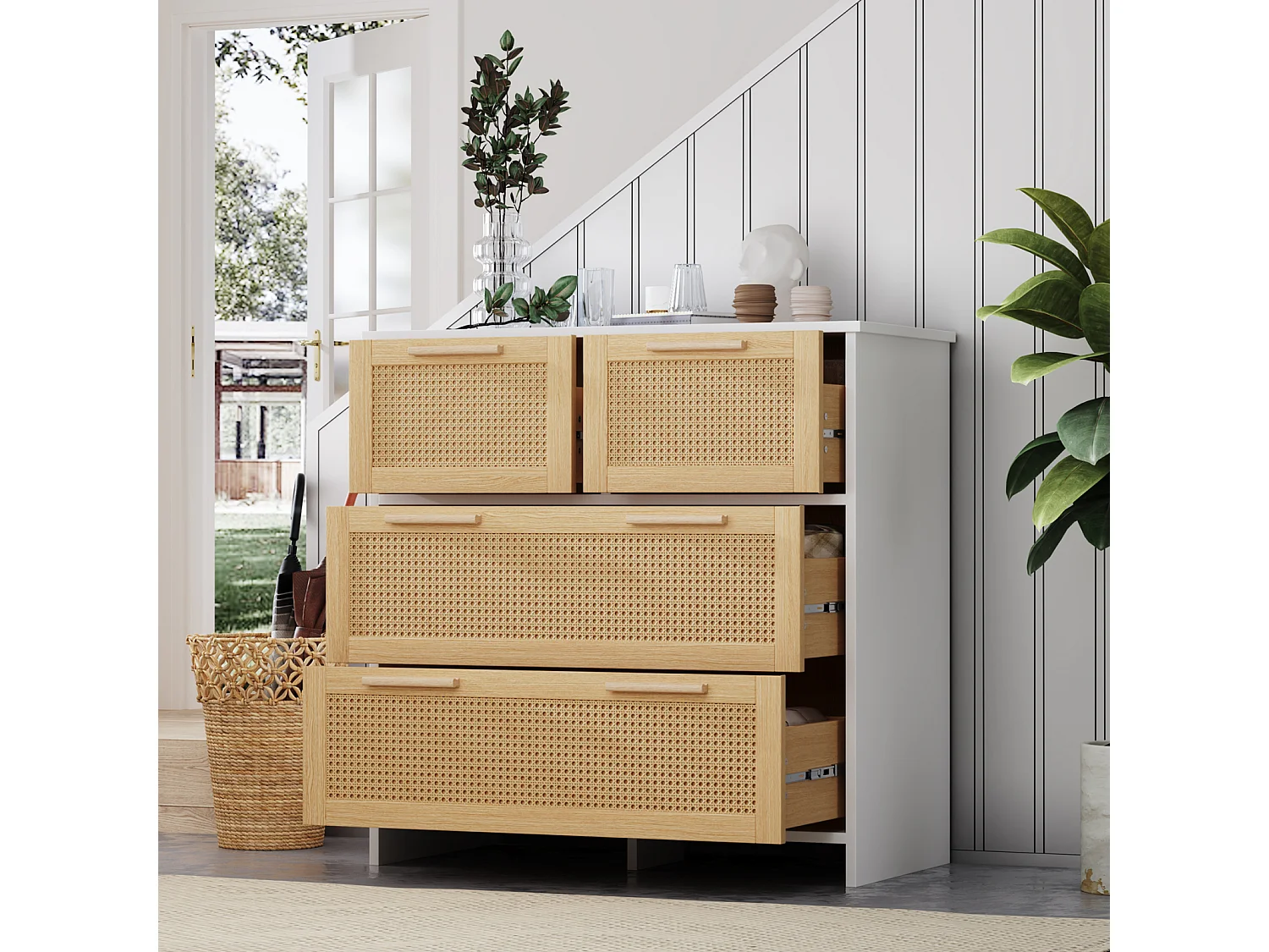 Aparador em rattan - 80 x 80 x 38 cm - com 4 gavetas - versátil para sala de estar, sala de jantar, branco