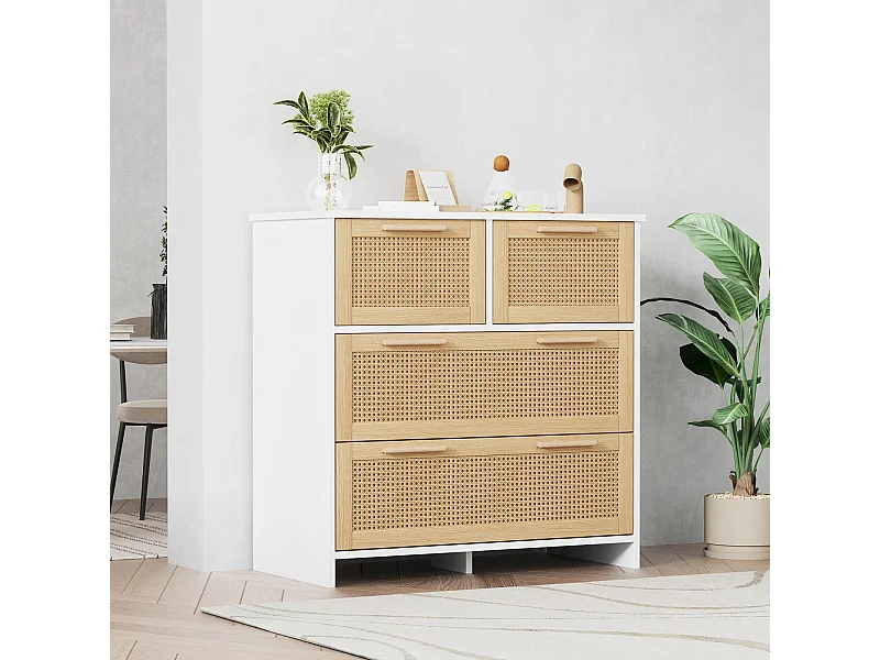 Aparador em rattan - 80 x 80 x 38 cm - com 4 gavetas - versátil para sala de estar, sala de jantar, branco