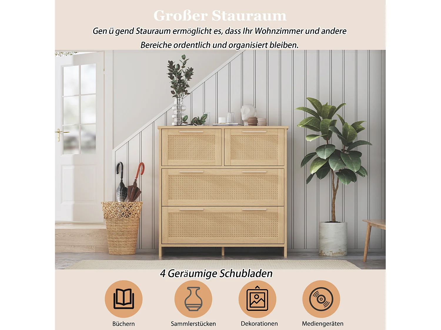 Credenza in rattan - 80 x 80 x 38 cm - con 4 cassetti - versatile per soggiorno, sala da pranzo, naturale